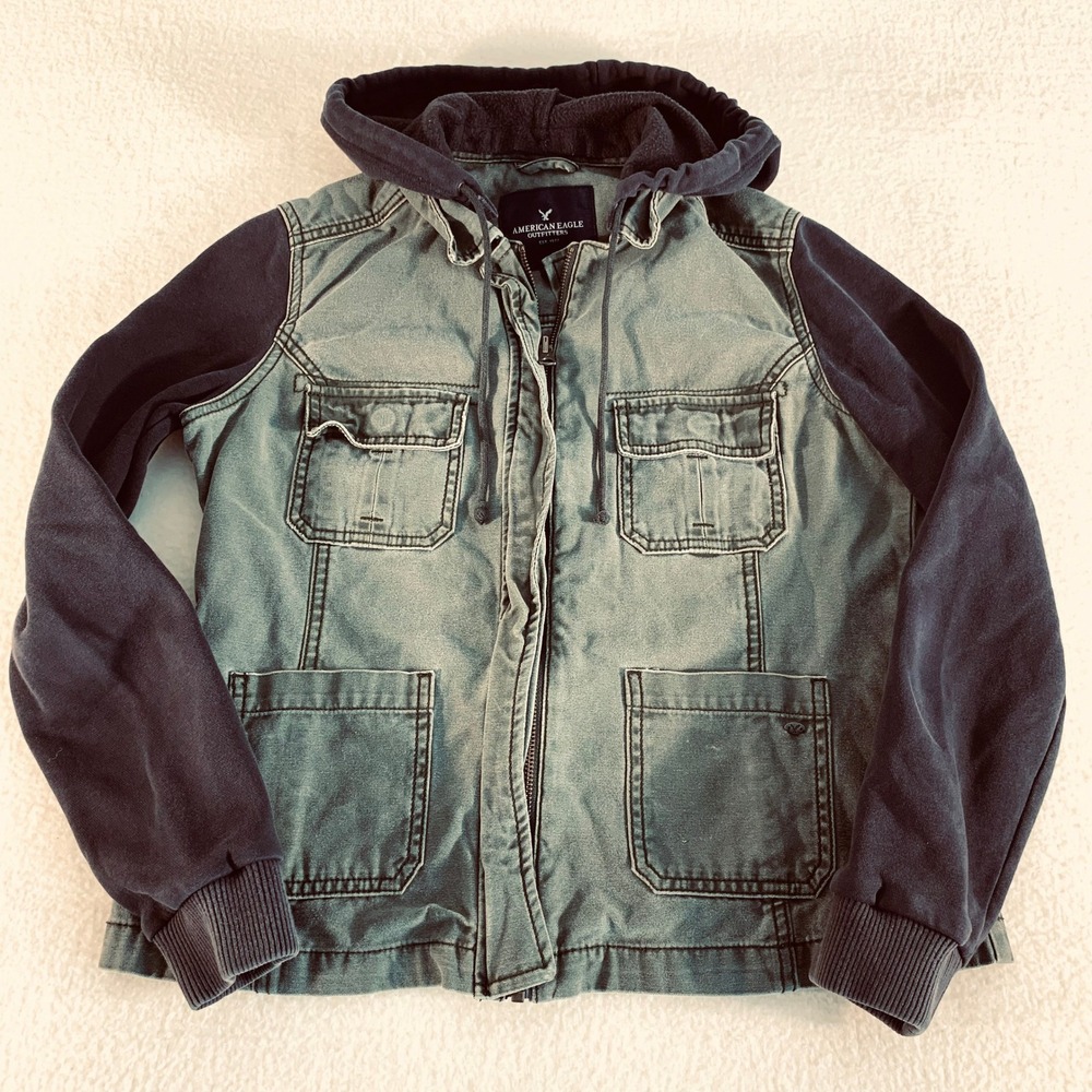 American Eagle Hooded Utility Military Jacket Women's Medium Army Green / Black